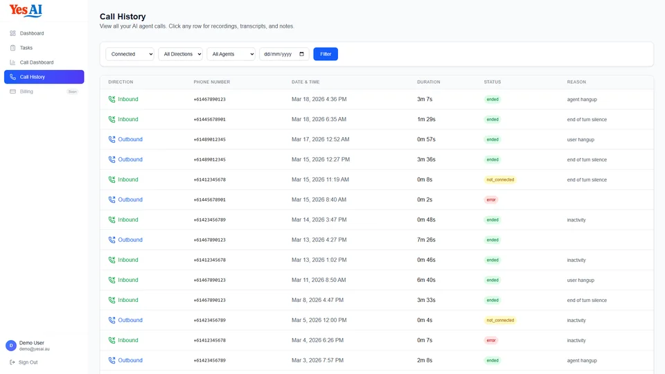 YesAI Call History filtered by Connected status with multiple filter dropdowns