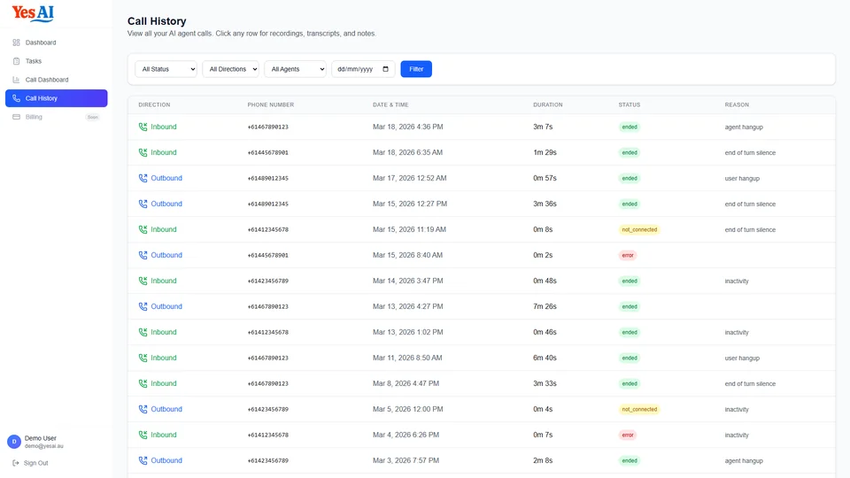 YesAI Call History table showing call direction, phone numbers, dates, durations, and status badges
