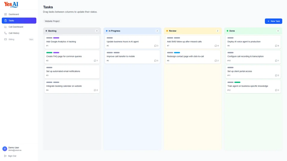 YesAI Task Board with Backlog, In Progress, Review, and Done columns showing project tasks